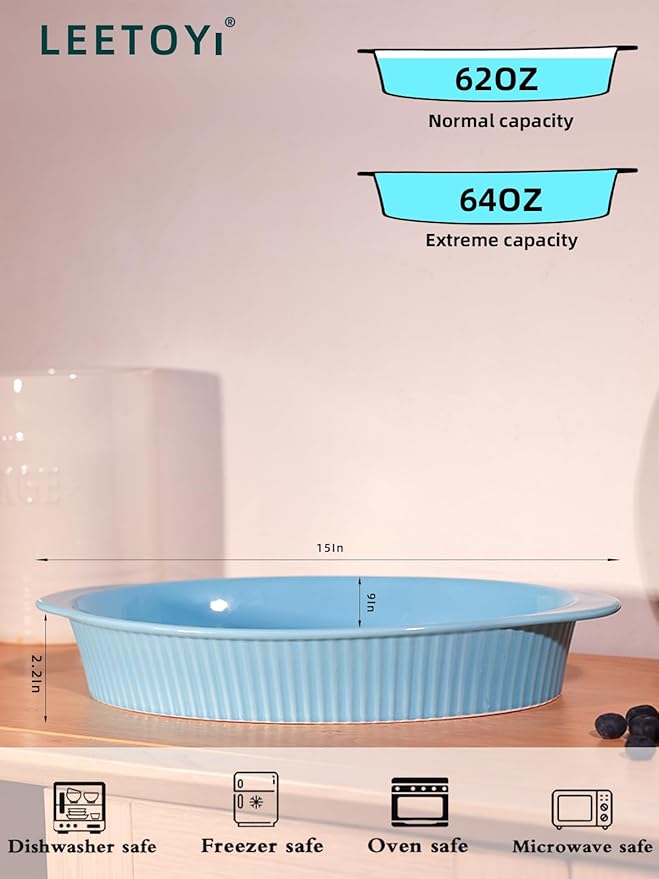 LEETOYI Porcelain 9x13 Large Oval Au Gratin Pans,Baking Dish for Servings, Bakeware with Double Handle for Kitchen and Home, Turquoise