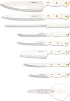FARBERWARE 15-Piece Knife Block Set, Triple-Riveted High-Carbon Stainless Steel Kitchen Knives, Razor Sharp Blades, Wood Storage Block, White/gold