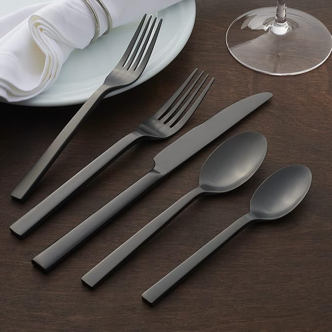 Oneida Silverware Set, Chefs Table Black 20 Piece Everyday Flatware Set, Service For 4, 18/0 Stainless Steel, Mirror Finish, Dishwasher Safe, Home And Kitchen Utensils Sets (Black, 20 Piece)