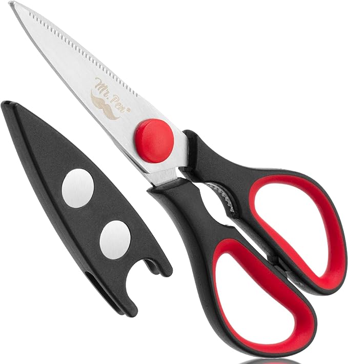 Mr. Pen- All Purpose Kitchen Shears with Protective Sheath, 8 Inch, Dishwasher Safe, Stainless Steel Food Scissors with Micro-Serrated Blades, Durable Utility Kitchen Shears, Black & Red