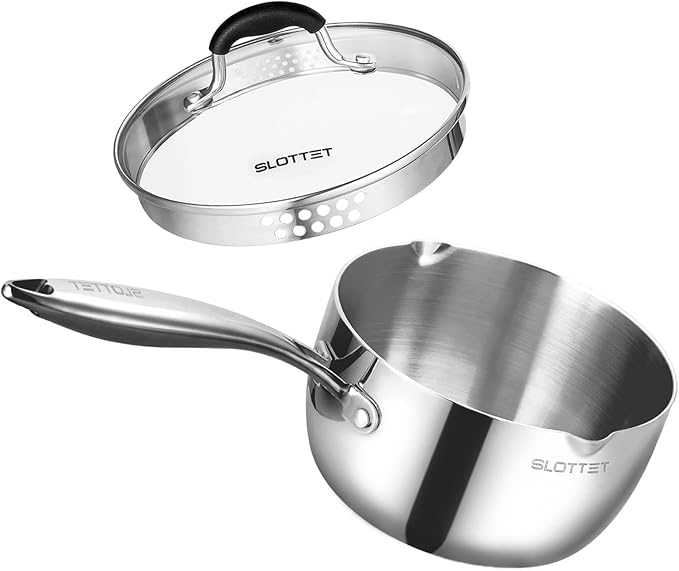 SLOTTET Tri-Ply Whole-Clad Stainless Steel Sauce Pan with Pour Spout,1.5 Quart Small Multipurpose Pasta Pot with Strainer Glass Lid, Saucepan for Cooking with Stay-cool Handle.