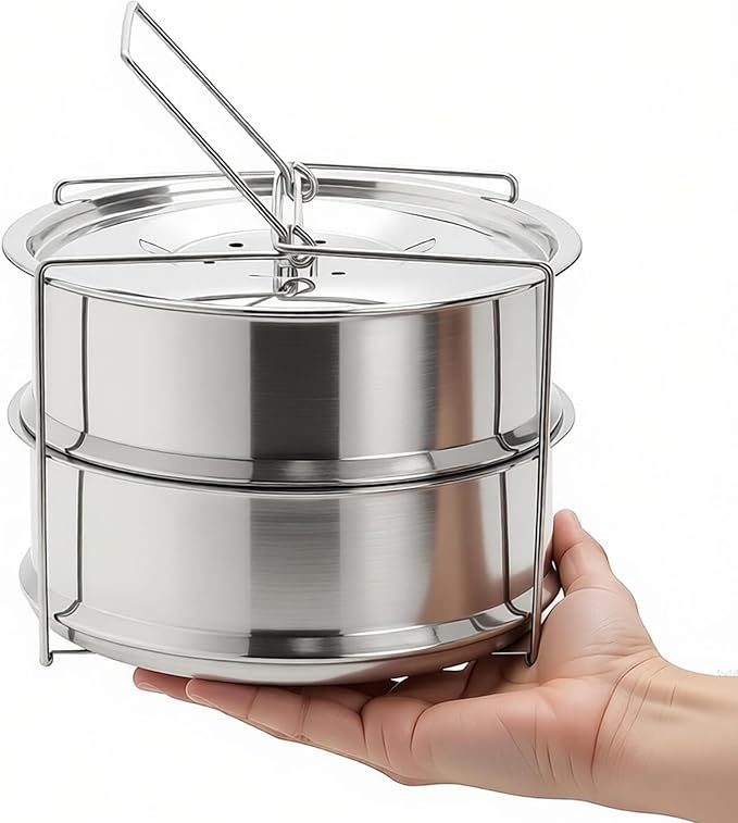 WUWEOT Stackable Steamer Insert Pans, 7.8 Inches Stainless Steel Pot-in-Pot Baking Pan, 2 Tier Pressure Cooker Accessories with Sling Handle and Silicone Gloves for Instant Pot