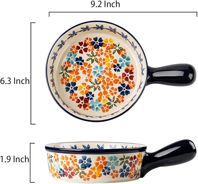 Colorful Cherry Blossom Flowers Vintage Style Ceramic Bakeware Dish Casserole Dish Baking Pan Lasagna Pans with Handles for Oven/Cooking/Kitchen, 1 PCS, 20 oz