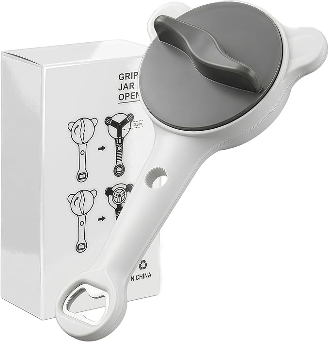 4-in-1 Adjustable Jar Opener for Weak Hands & Seniors — Ergonomic Non-Slip Handle, Multi-Size Lid Remover for Mason Jars, Bottles & Cans (Grey)