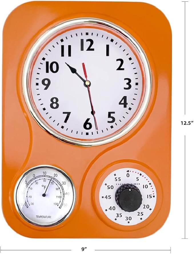 Lily's Home - 9.5 Inch x 12.5 Inch - Retro Kitchen Wall Clock, Vintage Wall Clock with a Thermometer and 60-Minute Timer, Ideal for Any Kitchen, Office, or Diner (Orange)