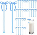SiliFine 30 Pcs 6 Inch Party Drink Stirrers, Bow Stir Sticks Coffee Stirrers Reusable Plastic Swizzle Sticks for Wedding Birthday Bridal Cocktail Decorations Galentines Supplies(Blue)