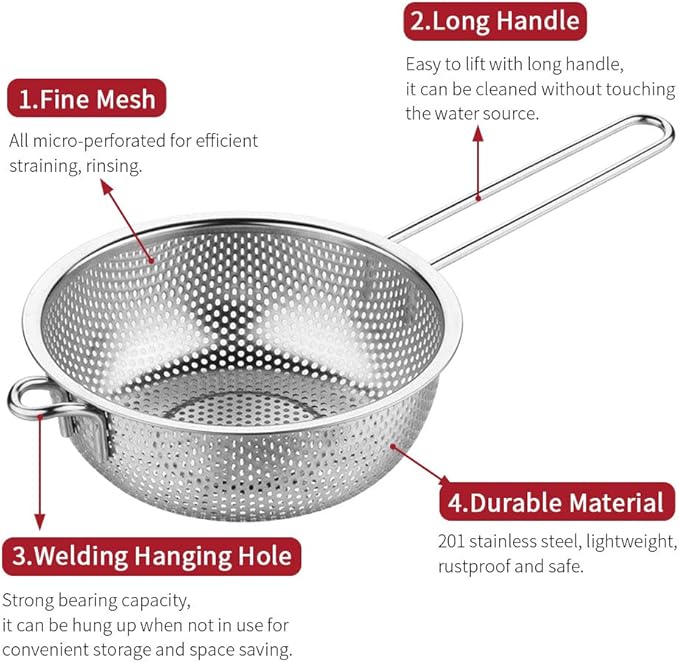 Stainless Steel Basin Colander with Handle, Fine Mesh Kitchen Food Strainer, Large Metal Food Pasta Colanders for Pasta, Noodles, Vegetables and Fruits(COLOR:silver)