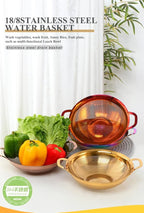 Stainless Steel Colander With Handle and Legs Drain Basket for Pasta, Spaghetti, Berry, Veggies, Fruits, Noodles, Salads, Fruit Colander Strainer Metal Rice Sieve Kitchen Utensils-Rose Gold