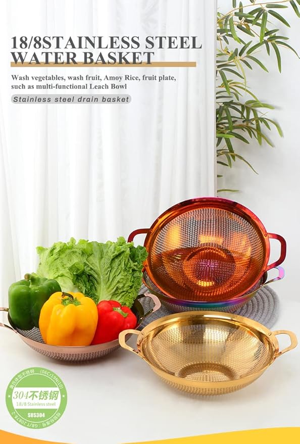 Stainless Steel Colander With Handle and Legs Drain Basket for Pasta, Spaghetti, Berry, Veggies, Fruits, Noodles, Salads, Fruit Colander Strainer Metal Rice Sieve Kitchen Utensils-Rose Gold