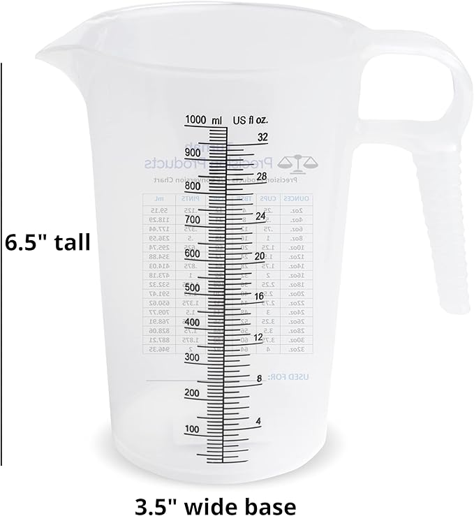 32oz (1 Quart) Measure Pitcher with Convenient Conversion Chart – Extra Strong Food Grade – Great for Cooking, Home Hobbies, Shop Oil and Fluids, Spa Chemicals with High Chemical Resistance by Turnah