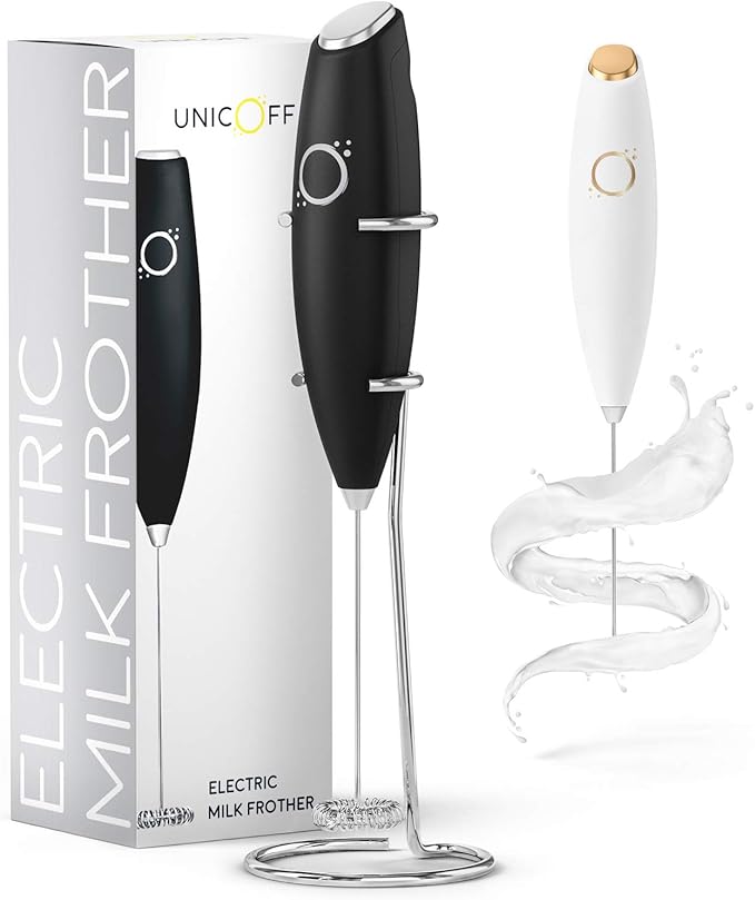 Unicoff Handheld Milk Frother with Stand – Electric Milk Frother for Coffee, Latte, Cappuccino & Matcha – Battery Operated Drink Mixer, BPA-Free Stainless Steel Whisk, Portable Mini Foam Maker (Black)