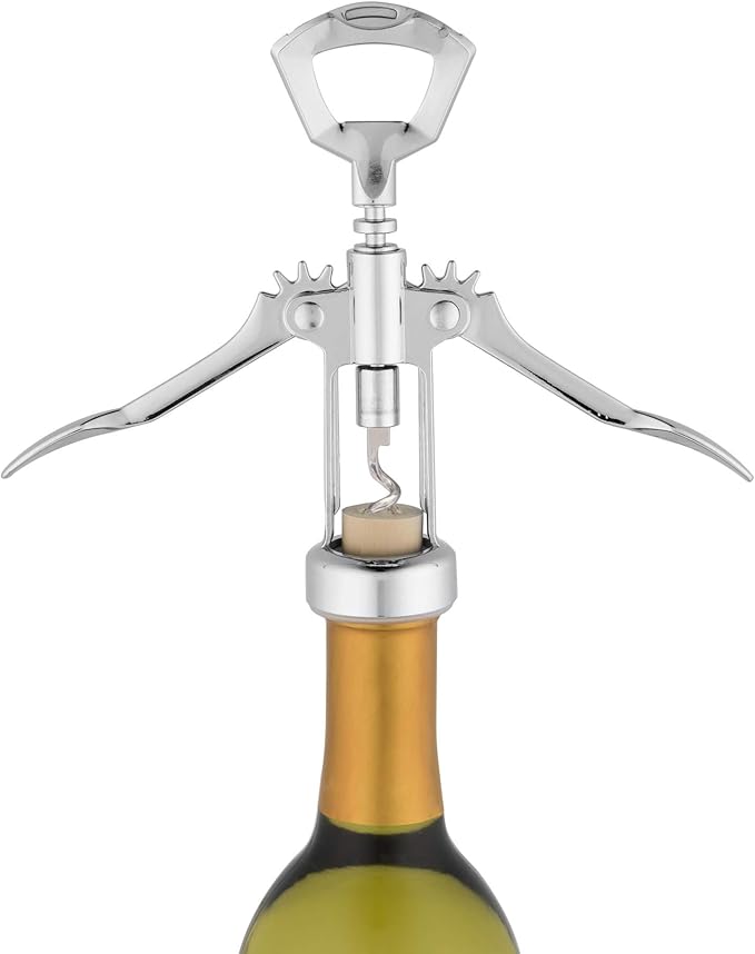 True Glider Winged Corkscrew Wine Opener with Foil Cutter, All in One Bottle Opener for Beers and Soft Drinks, Stainless Steel and Plastic with Sharp Screw, for Home Bar, Kitchen, Set of 1, Silver
