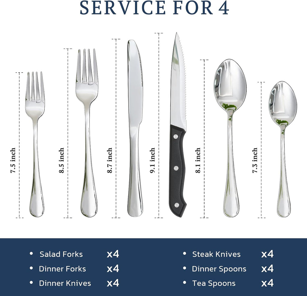 Astercook 24 Piece Stainless Steel Silverware Set for 4 – Flatware Set with Steak Knives