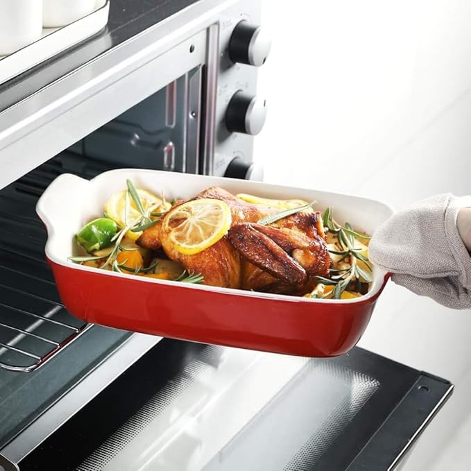 Domini Casserole Dishes for Oven, Ceramic Baking Dishes for Oven Set of 2, Lasagna Pan Deep, Baking Pan Set Square Casserole Dish Set with Handles for Baking, Pattern Red(13.6+9inch) Christmas