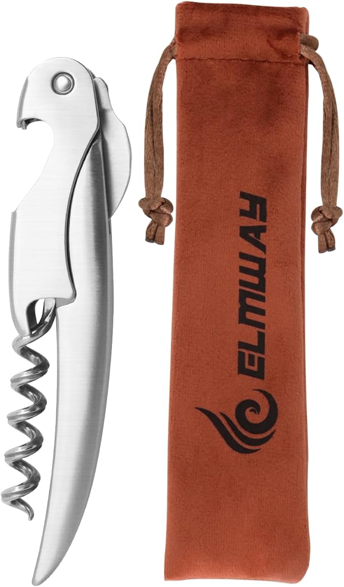 Sleek Waiter’s Corkscrew by ELMWAY - Stainless Steel Manual Wine Opener with Foil Cutter & Beer Bottle Opener, Portable & Durable Wine Key with Pouch, Wine gift for Wine Lover
