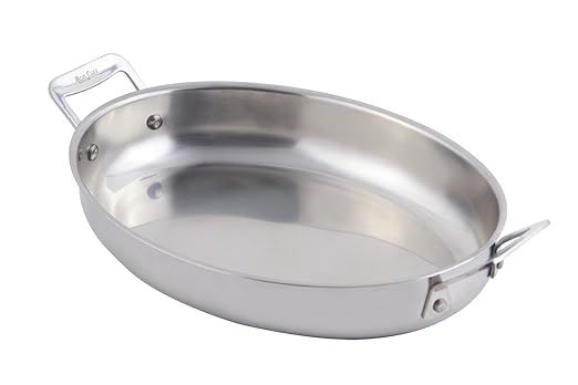 Bon Chef 60002 Stainless Steel Induction Bottom Cucina 12" Oval Au Gratin Dish, 2-1/2 Quart Capacity, 12-13/32" Diameter x 1-51/64" Height