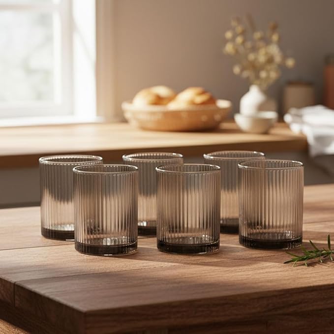 Physkoa Grey Ribbed Drinking Glasses Set of 6 – 9oz Vintage Smoke Grey Glassware, Embossed Ribbed Tumbler Cups for Juice, Water, Cocktail, Iced Coffee