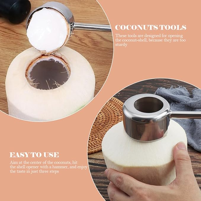 FOMIYES Coconuts Opener Set 2pcs Stainless Steel Coconut Shell Opening Tool with Mallet Hammer Kitchen Gadget for Home Cooking and Outdoor Use