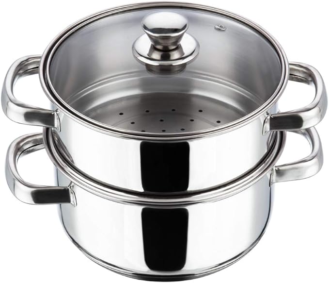 Vinod Stainless Steel 2-Tier Steamer with Glass Lid and Riveted Handles Ideal for Momo, Modak and More Induction and Gas Compatible 7.8 in 2-Year Silver