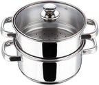 Vinod Stainless Steel 2-Tier Steamer with Glass Lid and Riveted Handles Ideal for Momo, Modak and More Induction and Gas Compatible 7.8 in 2-Year Silver