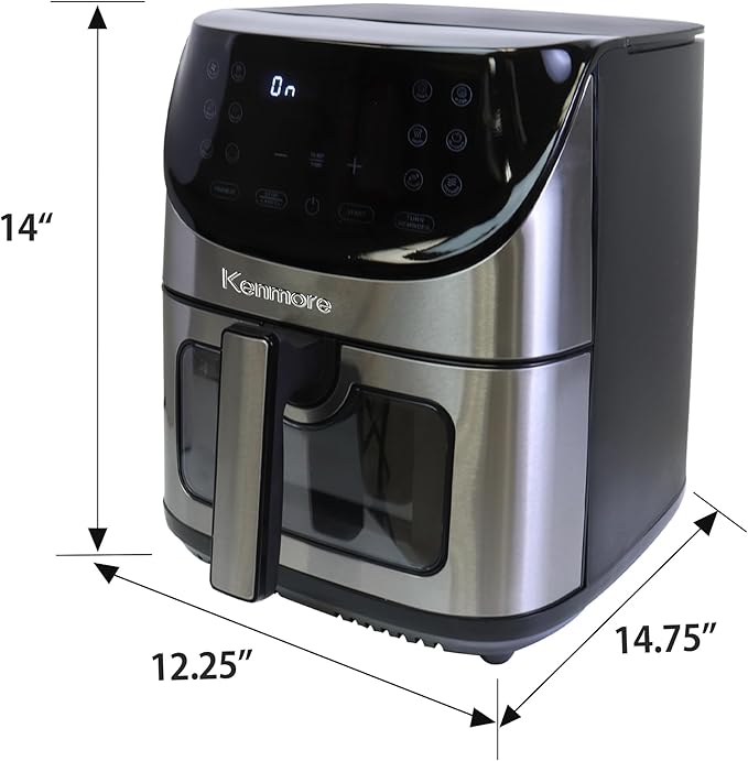 Kenmore Air Fryer - 8 quart aerogrill, non-stick frying basket, french fry, digital touch screen, 12 presets, freidora eléctrica, countertop cooking kitchen appliance, stainless steel, black