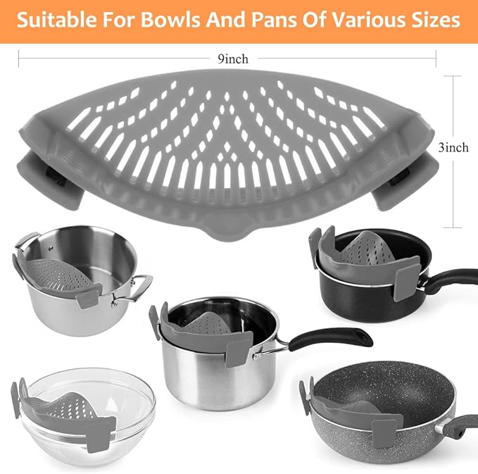YEVIOR Clip on Strainer for All Pots Pan,Silicone Pasta Strainer Kitchen Gadgets,Collapsible Colander for Noodle,Vegetables,Fruit,Spaghetti (Grey)