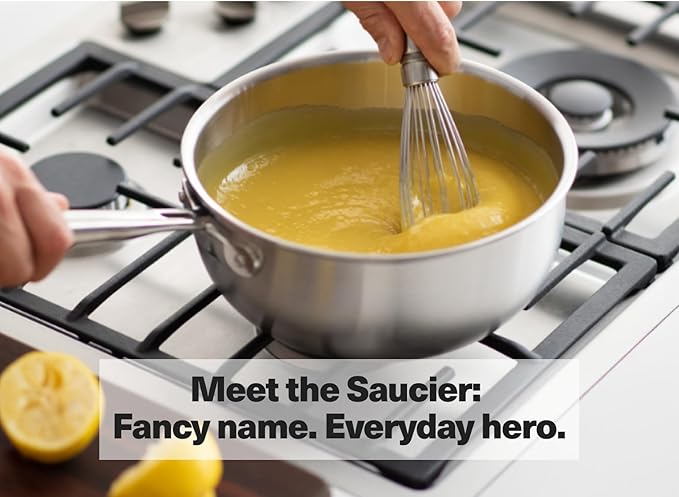 Misen 5-Ply Stainless Steel Saucier with Lid– Induction-Compatible Pan with Curved Sides for Smooth Stirring - Oven Safe to 800F – Even Heat Distribution & Ergonomic Handle - 3 QT