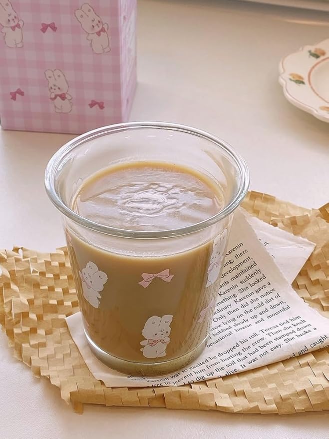 Ivymei Set of 2 12 OZ Cute Drinking Glasses Bow Glass Coffee Cups Rabbit Glass Cups for Juice, Iced Tea, Coffee, Latte, Milk, Dessert, Stackable Glassware Drinkware Set (Pink)