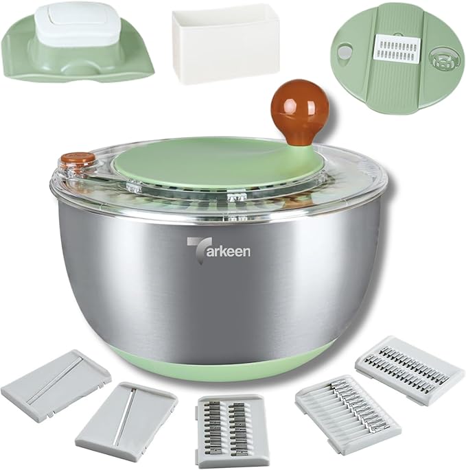 Stainless Steel Salad Spinner Large, BPA-Free Lettuce Spinner, 3-in-1 Salad Bowl & Fruit Cleaner with Non-Slip Base, Dishwasher Safe, 5 Blade Slicer & Egg Yolk Separator, 5.3Qt