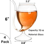 Tlence 4 Pack Straw Wine Glass, 12 OZ Sipping Wine Glasses with Built-in Straw, Creative Tube Cocktail Goblets, Clear Funny Decanter Cups for Juice Ice Cream Champagne Party Glassware Barware