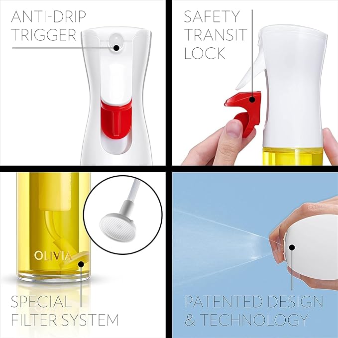 FLAIROSOL OLIVIA SIGNATURE Advanced Kitchen Oil Sprayer Technology, Fine Mist & Portion Control, Refillable Glass Olive Oil Cooking Spray Bottle for Air Fryer, Salad, BBQ, 130ml (White Print)