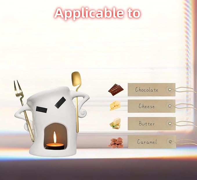 Chocolate Fondue Mug with Attitude - Ceramic Melting Cup for Chocolate Fondue Set, Mini Dessert Party with Fork & Shovel (Gold)