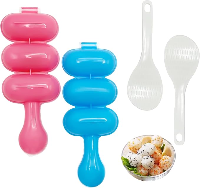 Rice Ball Maker Mold & Sushi Maker 2 Riceball Shaker and 2 Rice Paddle - Easy to Use Rice Ball Mold Shaker for Perfect Onigiri and Sushi - Fun Kitchen Tool-Blue&Red