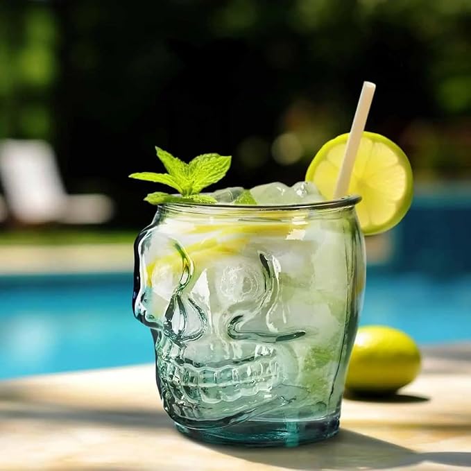 COURONNE CO. Clear Recycled Drinking Glass Tumbler, Perfect for Cocktails, Refreshments & Everyday Use, Restaurant Grade, Crafted without lead-based materials (15.2 Oz, Sugar Skull)
