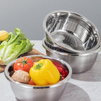 Germany Multifunctional Stainless Steel Basin, 3 in 1 Vegetable Grater Julienne Slicer Stainless Steel Colander, Fruit Slicer for Kitchen Vegetable Slicer Grater Strainer Drain Basket (11.8in, Silver)