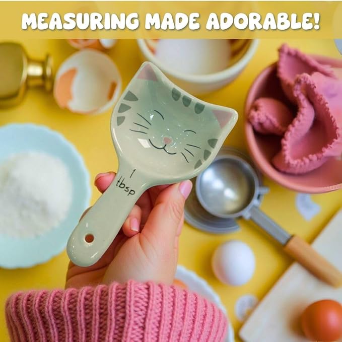 Cute Cat Measuring Spoons Set with Ribbon, Cute Cat Gifts for Women, Cat Themed Kitchen Accessories for Cat Baking Supplies, Ceramic Measuring Spoons for Cat Lover, Baking Gifts for Women (Set of 5)