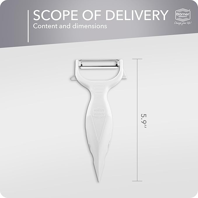 Börner Vegetable Peeler (6-in-1) • Garnishing Peeler with Grater • Multifunctional Peeler for Fruits & Vegetables • Fruit Peeler, Universal Peeler, Potato Peeler • Color: White