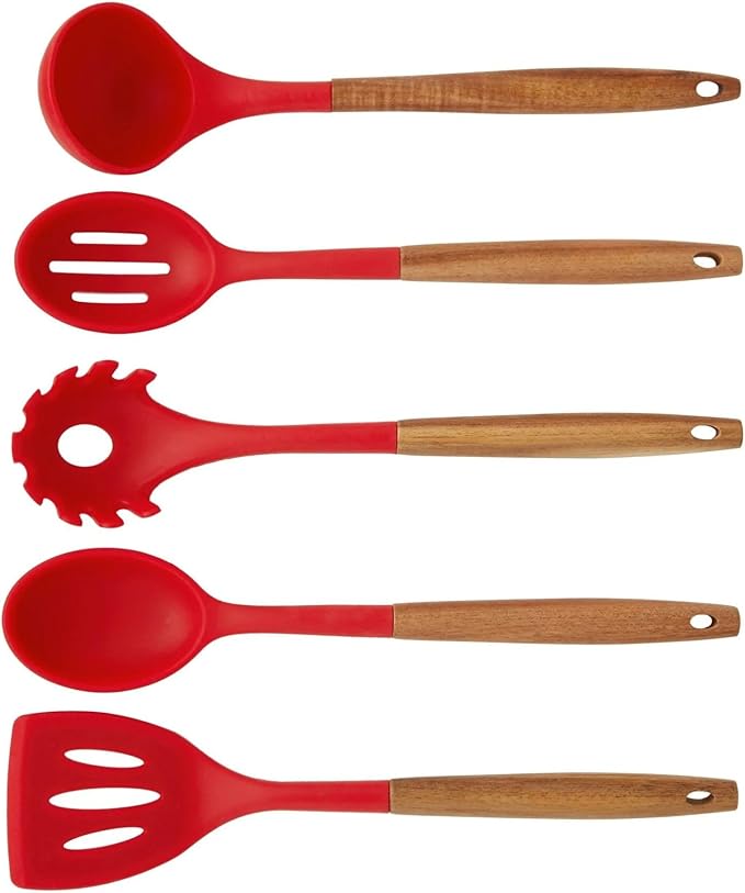 10-Piece Silicone Kitchen Utensils Set with Acacia Wood Handles, Nonstick Safe, Heat Resistant Cooking Tools for Everyday Use (RED)