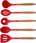 10-Piece Silicone Kitchen Utensils Set with Acacia Wood Handles, Nonstick Safe, Heat Resistant Cooking Tools for Everyday Use (RED)