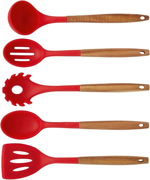 10-Piece Silicone Kitchen Utensils Set with Acacia Wood Handles, Nonstick Safe, Heat Resistant Cooking Tools for Everyday Use (RED)