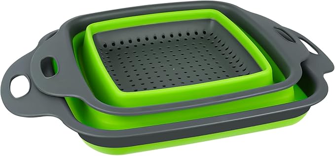 AUAUY 2 PCS Collapsible Colander Set, Square Silicone Folding Colander with Plastic Handles, Eco-Friendly Large Hole Kitchen Strainer for Draining Pasta Vegetables Fruits-1 Large and 1 Small