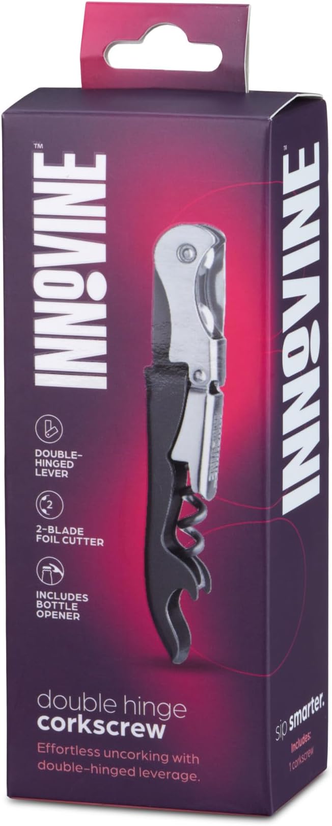 Innovine Double Hinge Corkscrew, Stainless Steel Wine Opener with Dual Leverage and Built-In Foil Cutter, Perfect for Home Bar, Travel, Camping, Picnic, Outdoor Party, Set of 1, Graphite