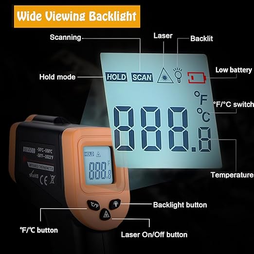 Blackstone Infrared Thermometer Temperature Gun for Cooking, IR Thermometer for Pizza Oven Griddle Cast Iron -58℉~1022℉ Non-Contact Digital Laser Thermometer Gun with Hard Storage Case (NOT for Human)