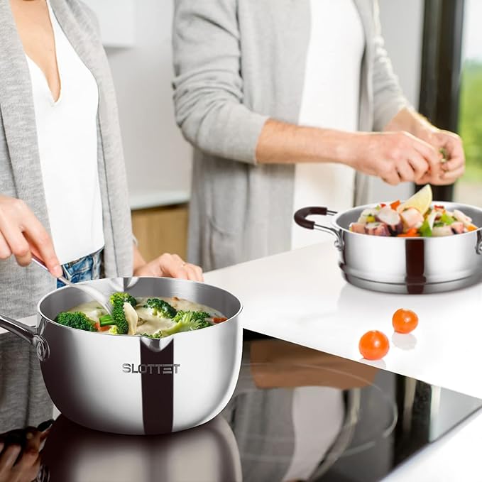 SLOTTET Tri-Ply Whole-Clad Stainless Steel Sauce Pan with Pour Spout,2.5 Quart Small Multipurpose Pasta Pot with Strainer Glass Lid, Saucepan for Cooking with Stay-cool Handle.