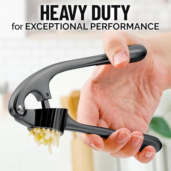 Zulay Kitchen Premium Garlic Press Set - Rust Proof Professional Garlic Mincer Tool - Easy-Squeeze, Easy-Clean with Soft, Ergonomic Handle - Silicone Garlic Peeler & Brush-Dark Gray