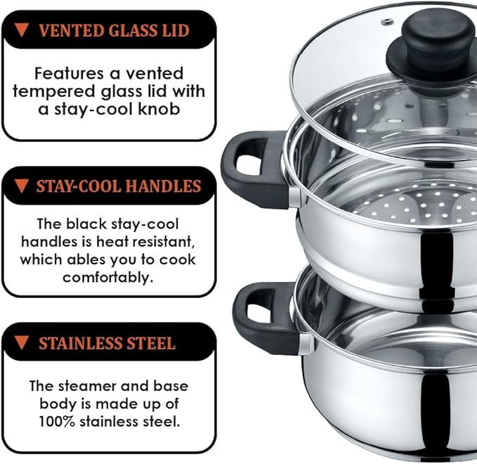 CONCORD 3 Quart Stainless Steel 3 Piece Steamer Cookware Set. Features 2 Quart Veggie Steamer and 3 Quart Cooking Pot with tempered glass lid. (INDUCTION COMPATIBLE)