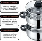CONCORD 3 Quart Stainless Steel 3 Piece Steamer Cookware Set. Features 2 Quart Veggie Steamer and 3 Quart Cooking Pot with tempered glass lid. (INDUCTION COMPATIBLE)