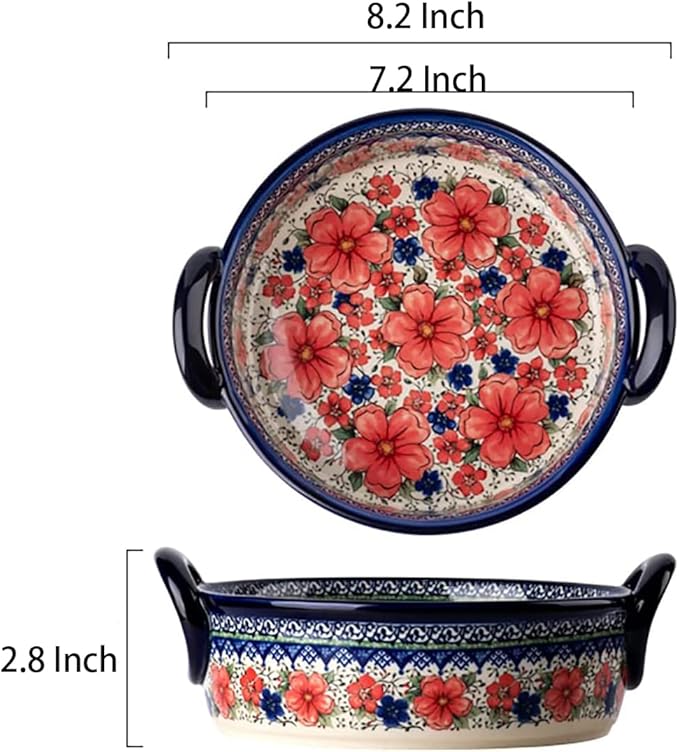 Vintage Style Cherry Blossom Flowers Pottery Bakeware Ceramic Casserole Dish Baking Pan Lasagna Pans Baking Dish with Handles for Oven to Table-1 PCS, 32 oz