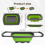Over the Sink Collapsible Colander Strainer (5 Quart) with Extendable Handles, BPA Free Silicone Kitchen Strainer for Vegetables, Fruit & Pasta, Foldable Sink Colander Basket (1pc green)