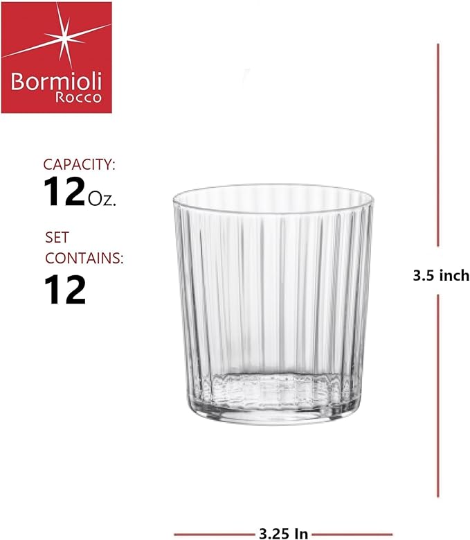 Bormioli Rocco Exclusiva Negroni Glasses, Set of 12-12 Oz. Ribbed Cocktail Tumblers Made in Italy with Star Crystal Glass & XLT Treatment - Stylish Everyday Drinkware, Dishwasher Safe